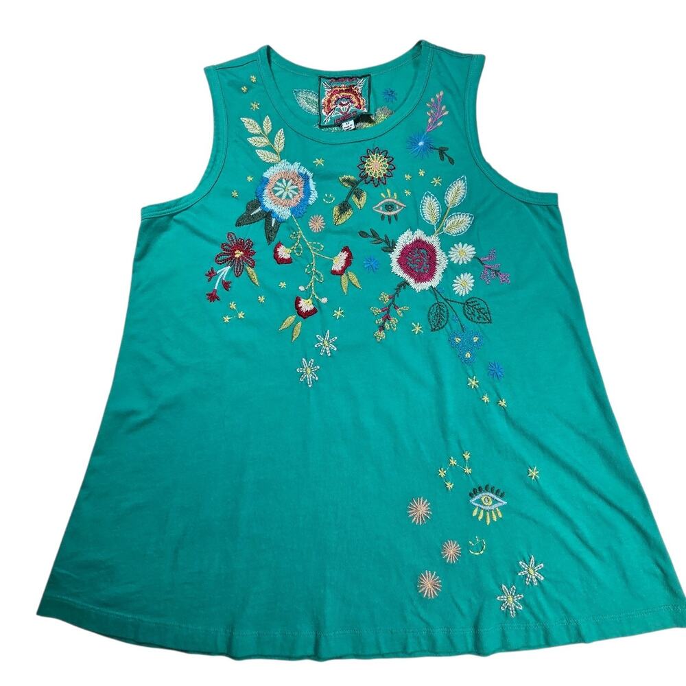 Johnny Was Martine Embroidered Swing Tank Top Floral Eye Cotton Teal Green XS